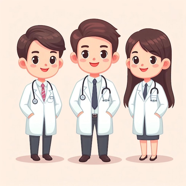 three people in white lab coats are standing together and one of them has a tie around his neck