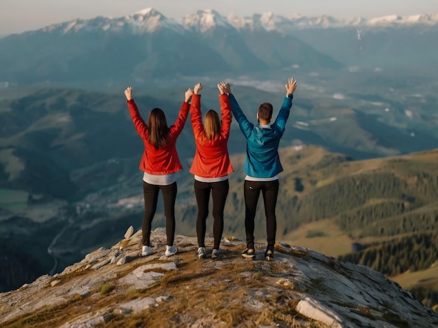 three people with arms raised on a mountain top with the words  five  on the top