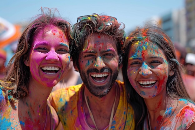 Photo three people with colored paint on their faces and one has a purple shirt that says happy