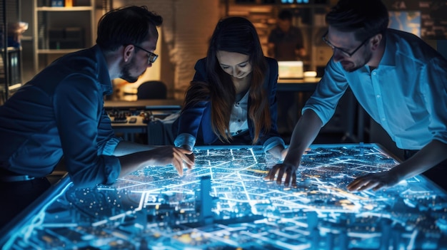 Three people working together around a glowing city map