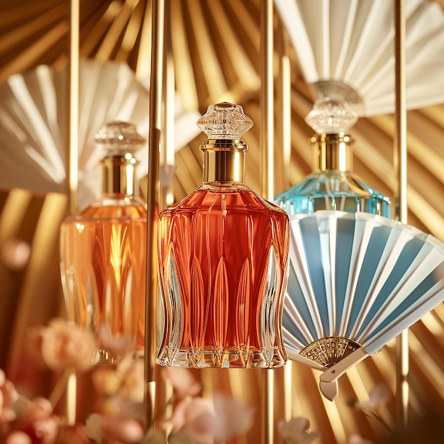 Three perfume bottles of different colors and shapes are interleaved on metal rods against a gold ba