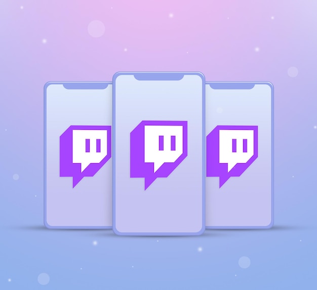 Three phones with twitch logo on screens 3d