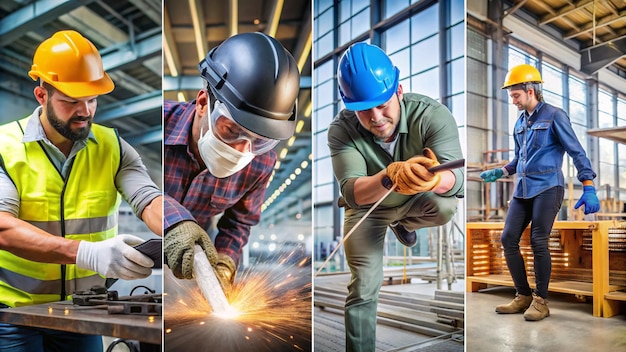 Photo three pictures of construction workers in a blue hard hat and hard hat