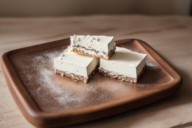 Three pieces of cheesecake on a tray with a few pieces of oatmeal on it.