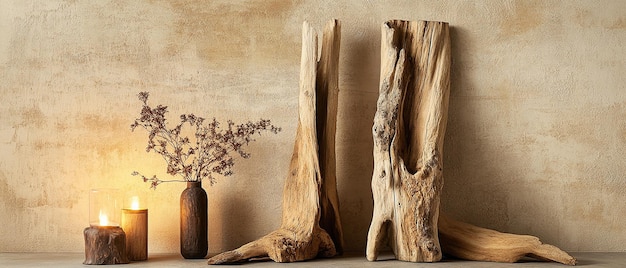 Photo three pieces of driftwood in rustic style