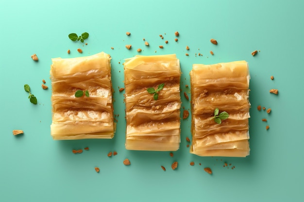 Three pieces of pastry with green leaves on top