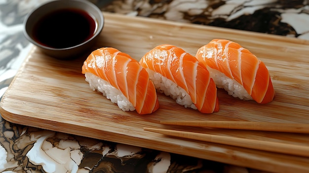 Three pieces of salmon nigiri sushi served on a wooden board with soy sauce and chopsticks