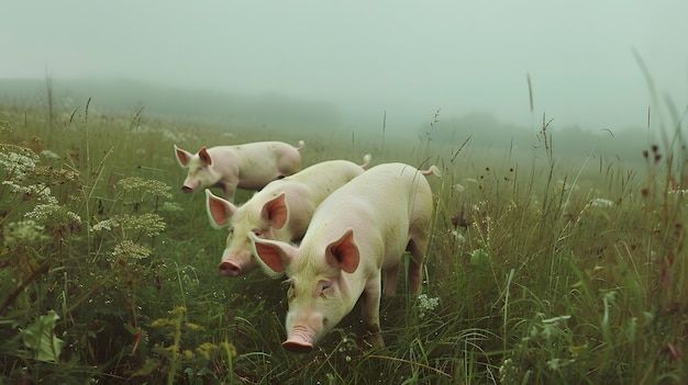 Photo three pigs are standing in a field one of which has the number 3 on it