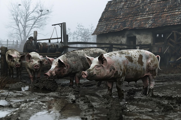 Photo three pigs are standing in mud and one has a tag on it