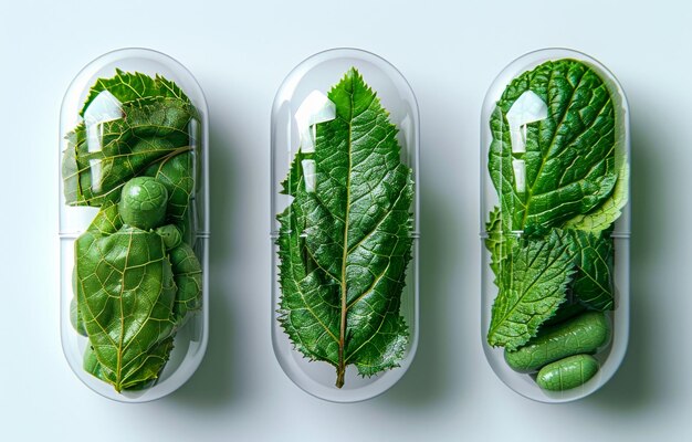 Three pill bottles filled with green leaves and green capsules on white background