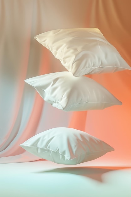 Photo three pillows levitate in midair creating soft and surreal atmosphere bed linens flying in the air