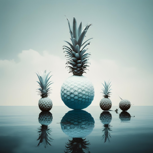 Three pineapples are on a blue background with a cloudy sky in the background.