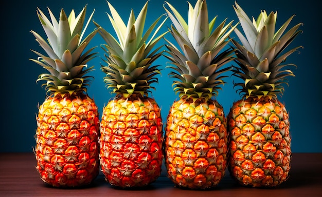 three pineapples are in front of a colorful background