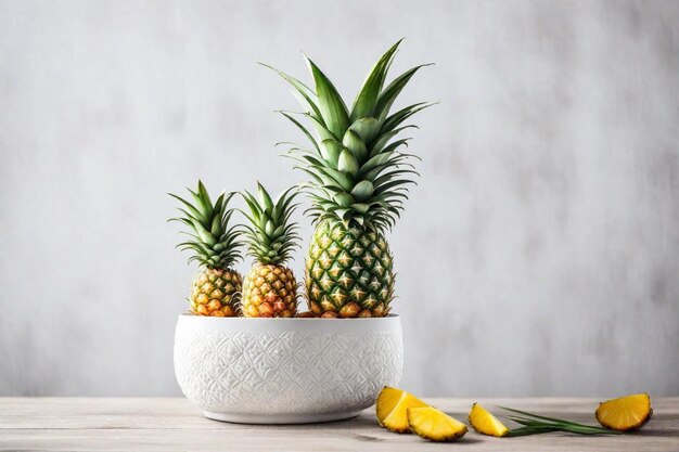 three pineapples sit in a white bowl on a table