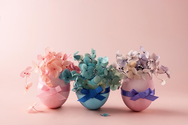 Three pink blue Easter eggs with hydrangea flowers on a pink background