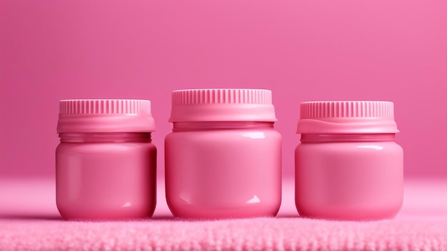 three pink bottles of cream are on a pink background