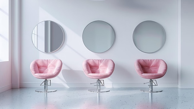 Photo three pink chairs and mirrors in a make up room space on white background in the style of salon kei