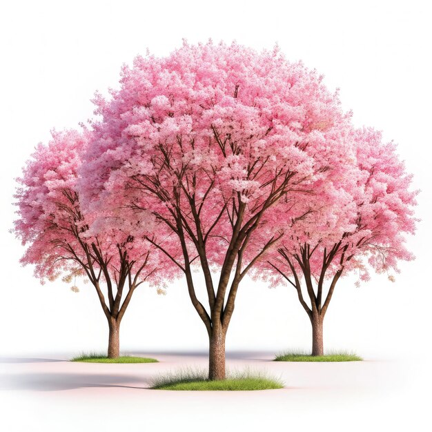 Photo three pink cherry blossom sakura trees against a white background generative ai