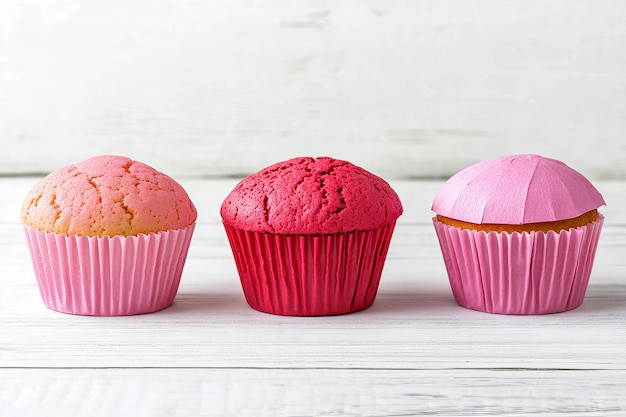 Three pink cupcakes on a white wooden background