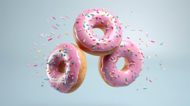 Three pink doughnuts with icing and sprinkles appear suspended in midair with icing dripping down to puddles below against a white background