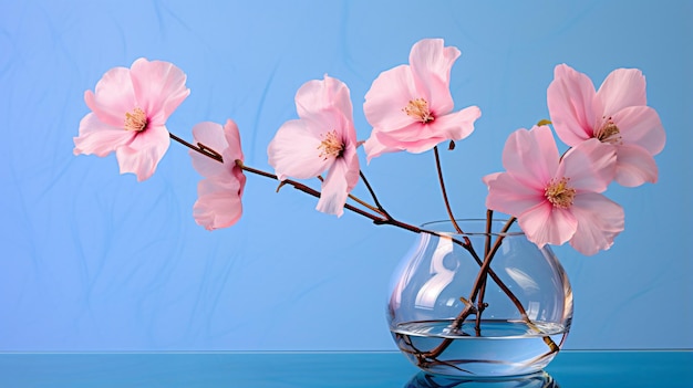 Three pink flowers in a glass vase on a blue and pin