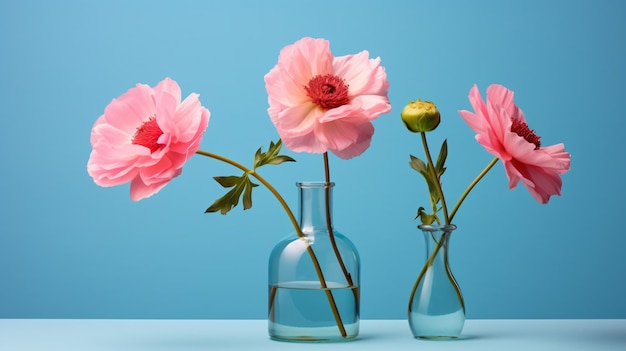 Three pink flowers in a glass vase on a blue and pin