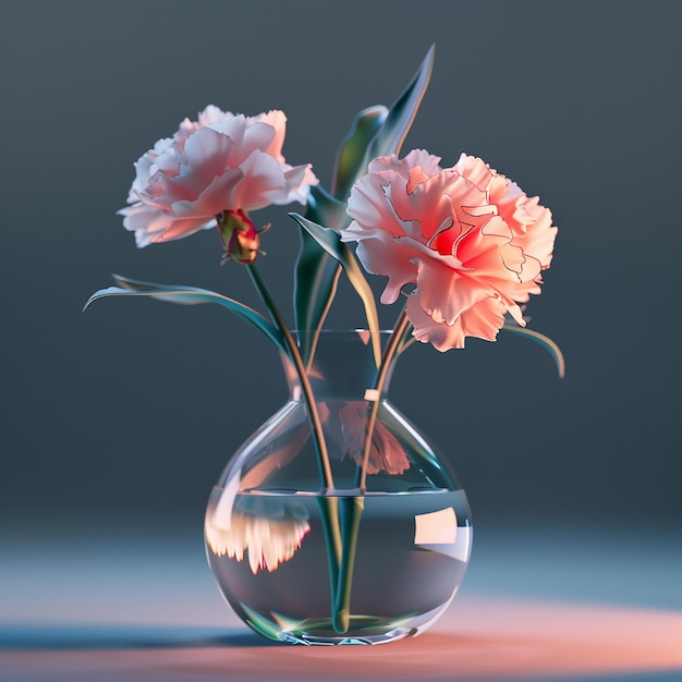 Photo three pink flowers in a vase with water and one that has the word quot on it quot