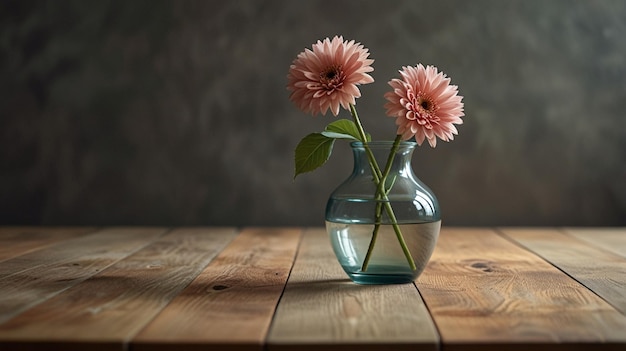 three pink flowers in a vase on a wooden table