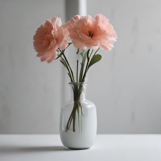 three pink flowers in a white vase with one that has the word quot on it quot