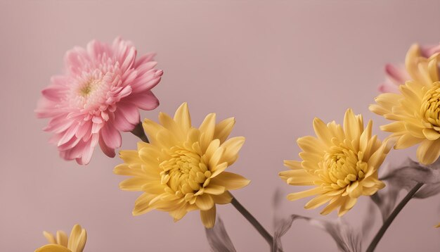 Photo three pink flowers with yellow petals and pink flowers on a pink background