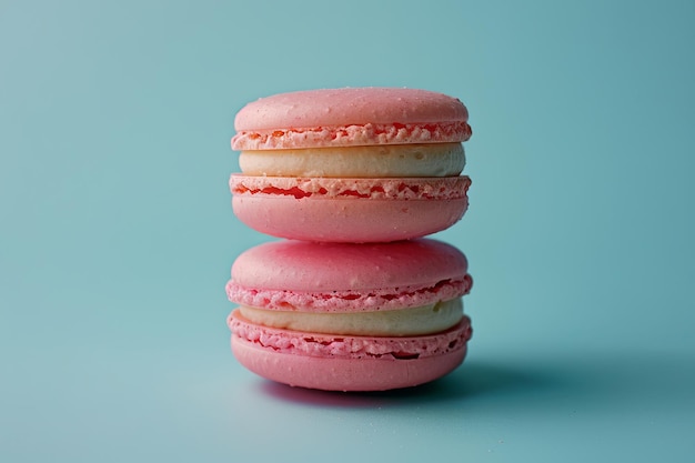 Three pink macarons displayed on blue background sweet finger food dessert