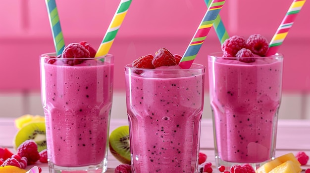 Three pink smoothies with straws in them