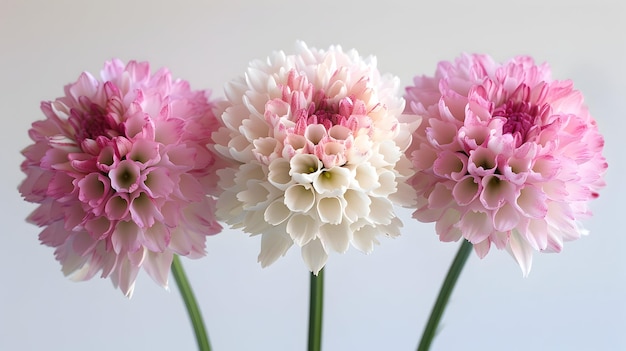 three pink and white flowers with the pink center