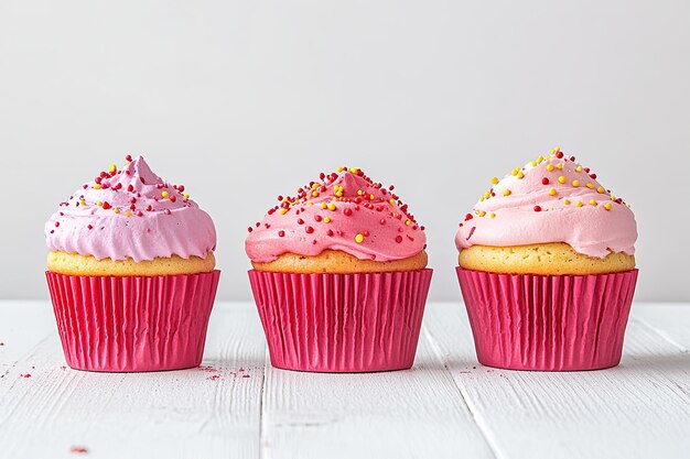 Photo three pink and yellow frosted cupcakes with sprinkles on a white wooden table