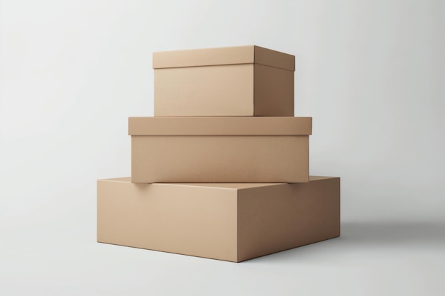 Three plain cardboard boxes stacked neatly against a clean white backdrop