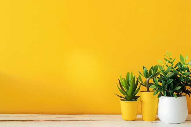 three plants on a table with a yellow wall behind them