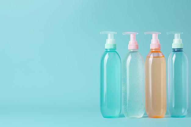 Three plastic bottle with shampoo on a blue background