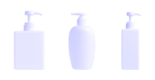 Three plastic bottles for shampoo or soap. Tinted with the color of 2022. Isolated on white. Copy space.