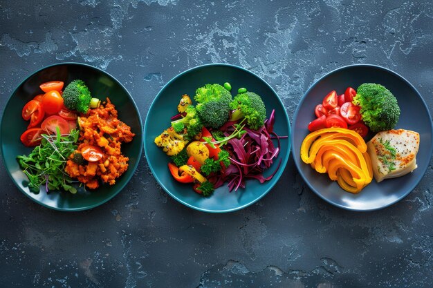 Photo three plates filled with an assortment of different types of delicious food arranged on a table