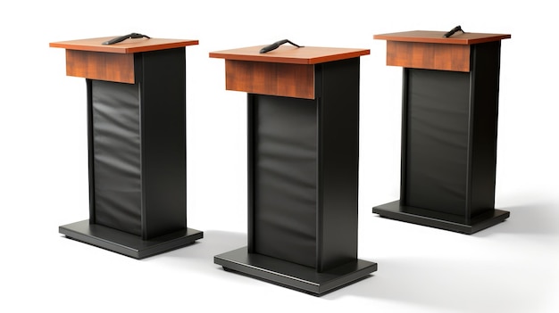 Photo three podiums with wooden tops and black bases stand on a white background they are arranged in a row with the middle podium slightly forward