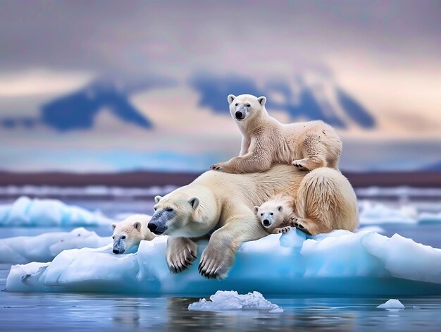 three polar bears are on ice with one of them has a polar bear on the back