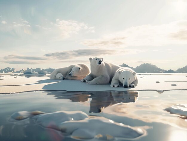 Photo three polar bears are laying on the ice with one laying down