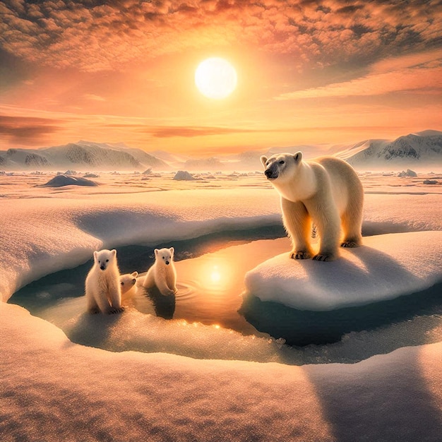 three polar bears are standing on a rock with the sun behind them