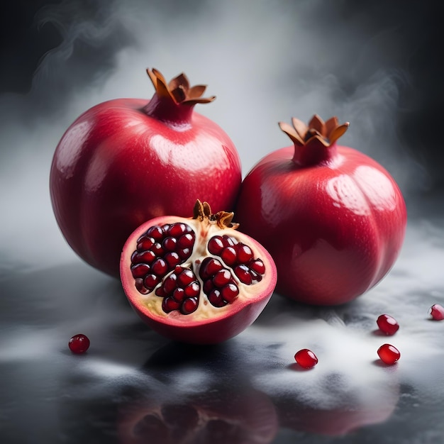 three pomegranates with seeds on a table