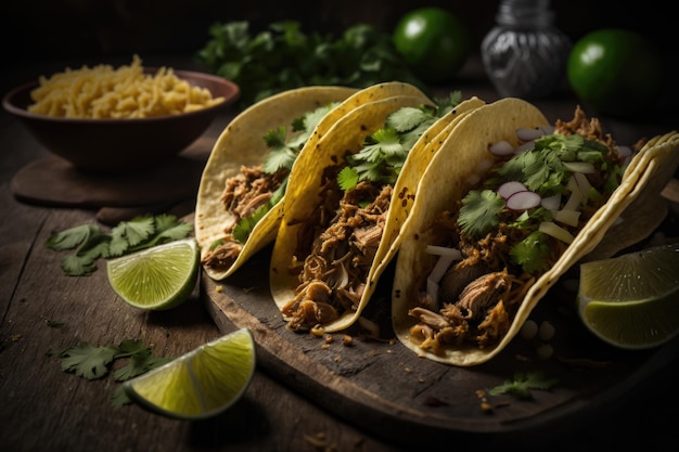 Three pork carnitas street tacos in yellow corn tortilla Illustration AI Generative