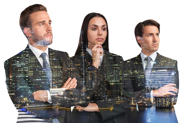 Three positive business people consultants in suits crossed arms pose Asia corporate lifestyle multinational diverse young professionals Night Singapore city view Double exposure