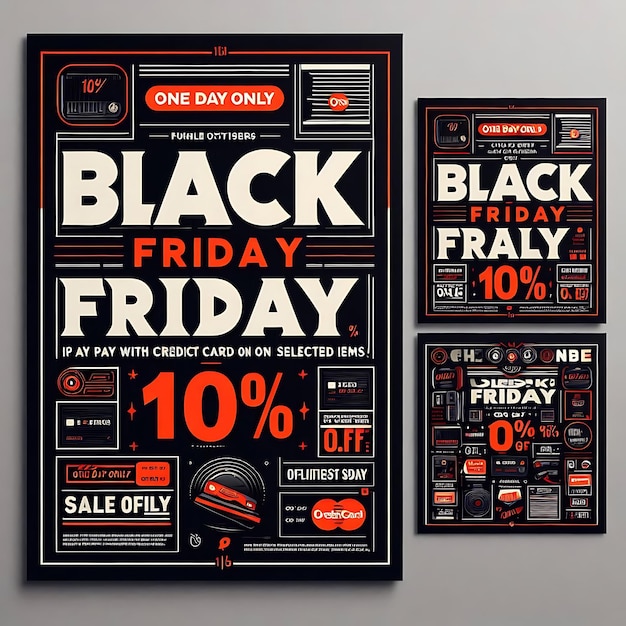 three posters of black friday sale are displayed on a gray background