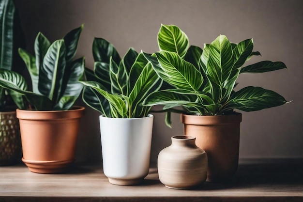 three pots of plants one of which has a plant in it