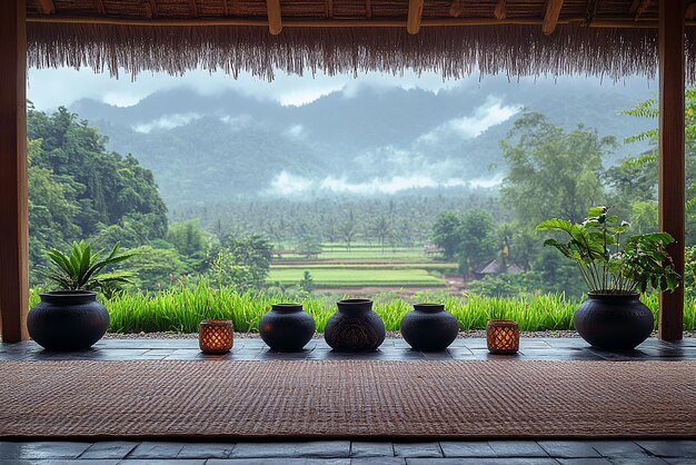 Photo three pots on a table with a sky background