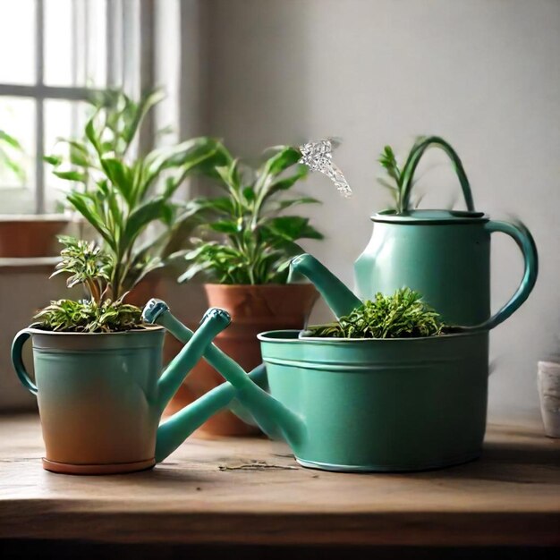 Photo three pots with plants on a table one of which has a flower on it